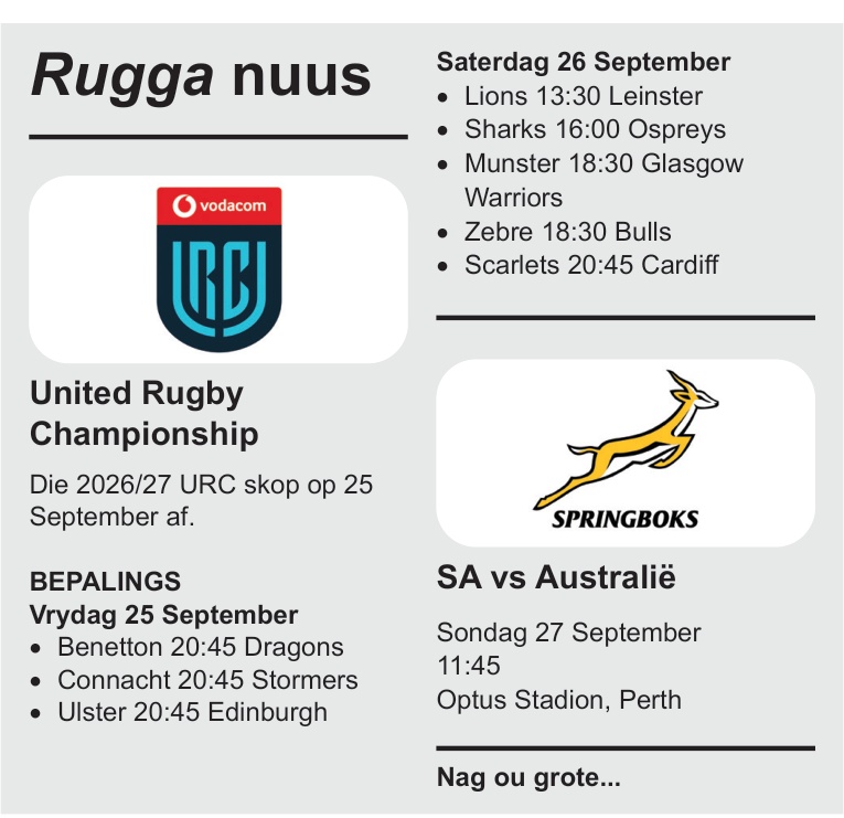 Rugga nuus — 25 September 2026