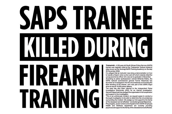 SAPS trainee killed during firearm training