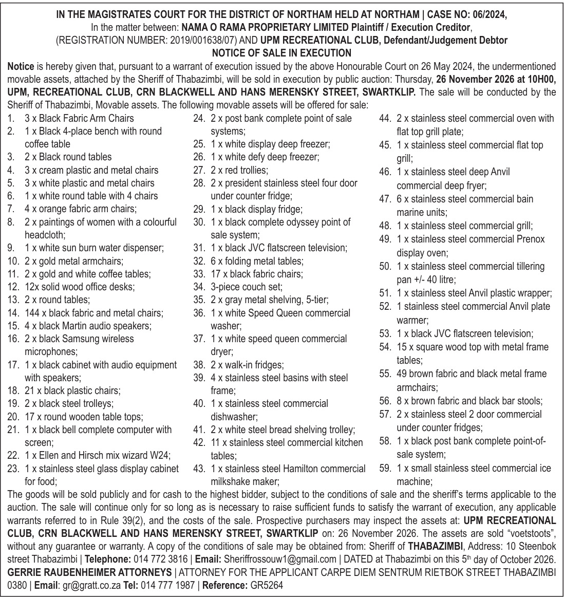 NOTICE OF SALE IN EXECUTION — UPM Recreational Club