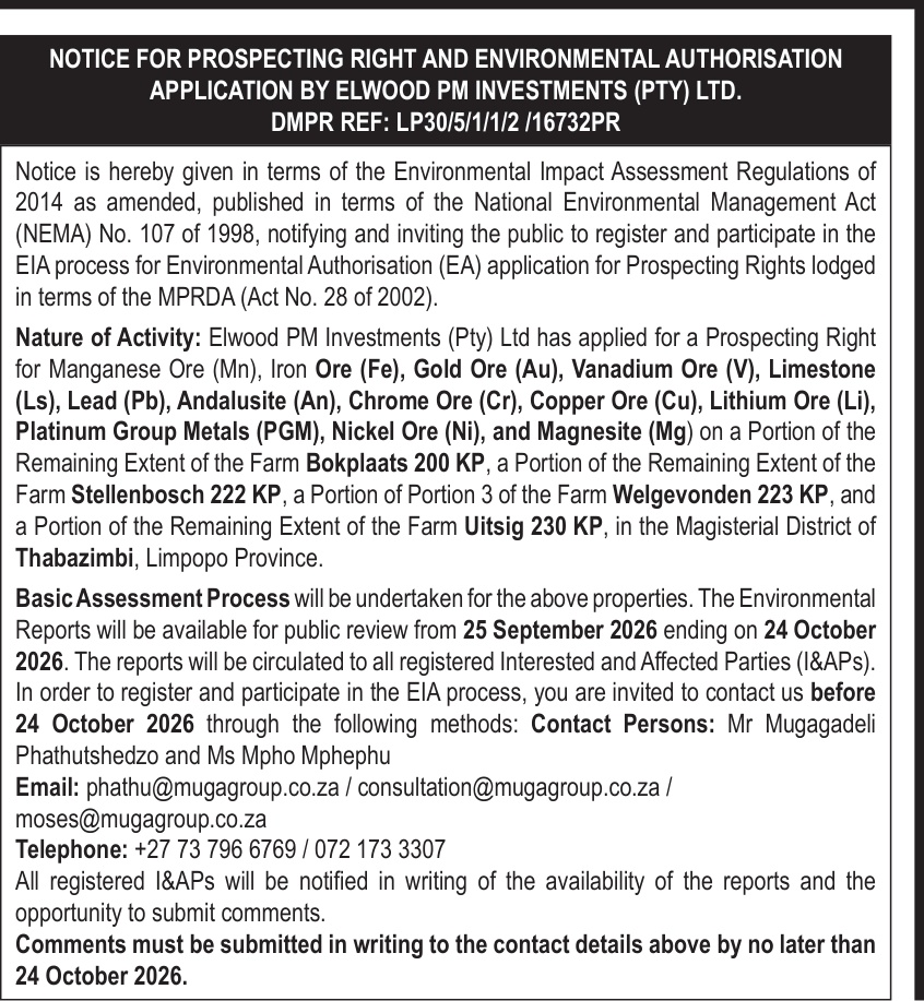Notice for Prospecting Right and Environmental Authorisation Application by Elwood PM Investments (Pty) Ltd.