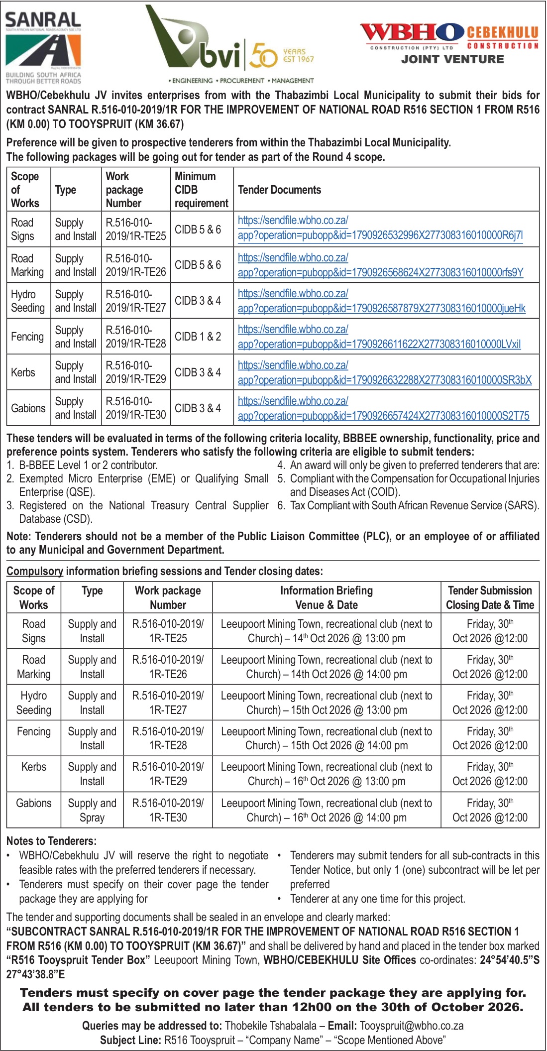 WBHO/Cebekhulu JV — SANRAL R.516-010-2019/1R